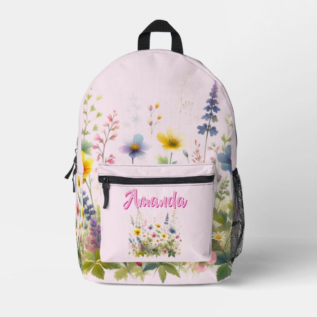 Imprimé Joli Fleurs sauvages Blooming Votre Nom Sac À Dos (Recto)