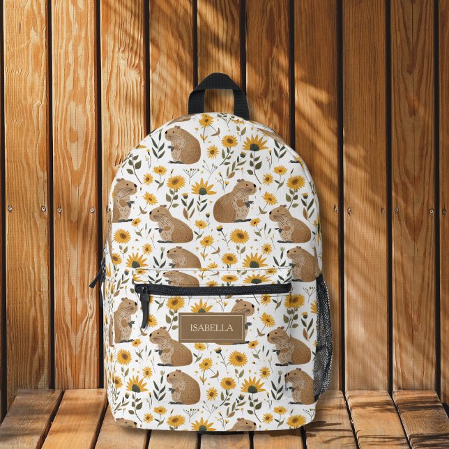 Imprimé Jote Capybara sac à dos Floral (cute capy capybara sunflower floral backpack with custom name for back to school supplies)