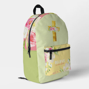Imprimé Pink Flower Cross Christian Girl sac à dos