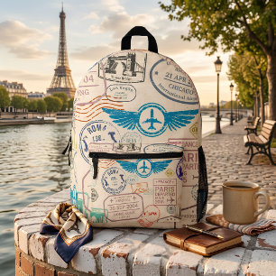 Imprimé Sac à dos Collage Tampon de Voyage Passeport Vinta