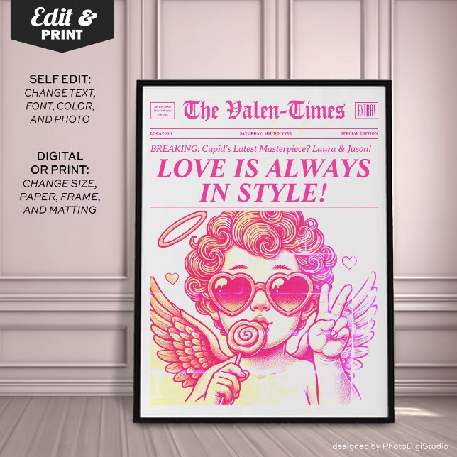 Imprimerie tendance de journaux, Art mural rose cu (Personalized Trendy Newspaper Art Print, Pink Cupid Wall Art, Love is Always in Style)