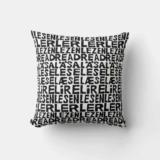 In 8 Sprachen lesen Lino Print Kissen (Vorderseite)