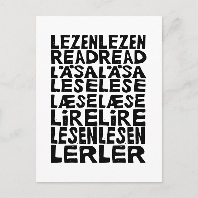 In 8 Sprachen lesen Lino Print Postkarte (Vorderseite)