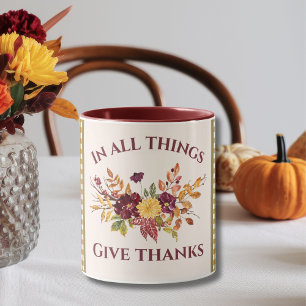 In All Things Give Thanks Burgunder Gold Damast Tasse