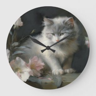 in Begleitung von Blume, graue und weiße Kätzchen Große Wanduhr