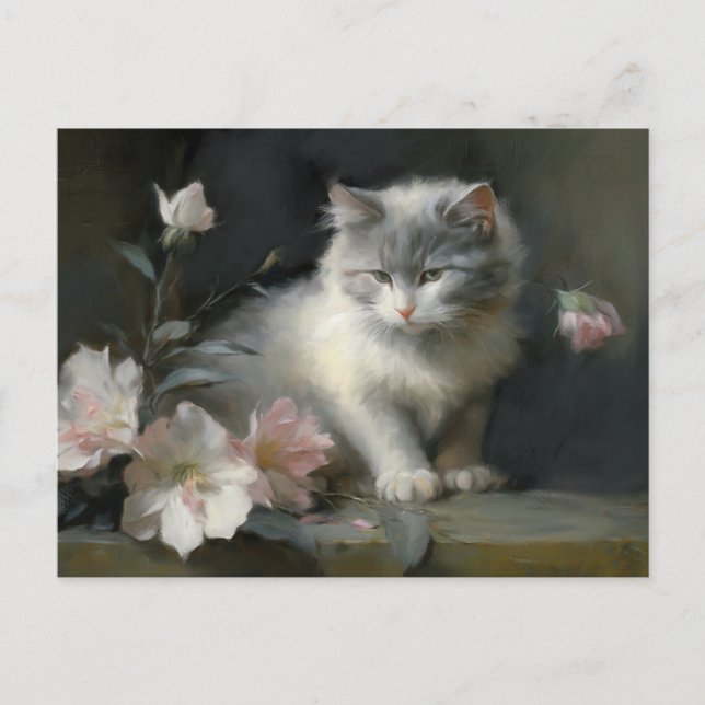 in Begleitung von Blume, graue und weiße Kätzchen Postkarte (Vorderseite)