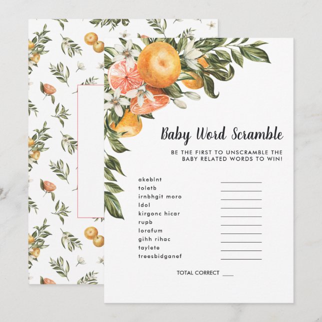 In Bloom | Baby Shooter Word Scramble Game Card Einladung (Vorne/Hinten)