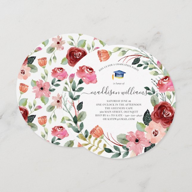 In Bloom | Blush Floral Graduation Party Einladung (Vorne/Hinten)