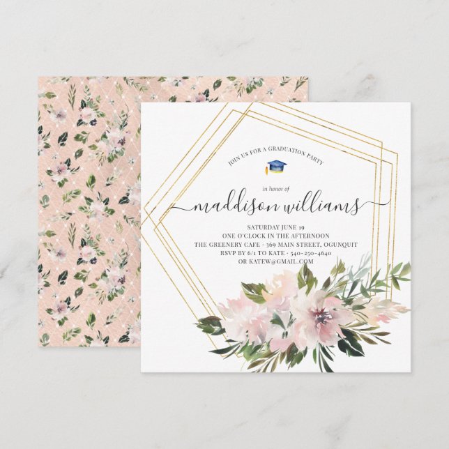 In Bloom | Blush Floral Graduation Party Einladung (Vorne/Hinten)