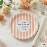 In Bloom Coral Stripe Baby Shower Personalized Pappteller<br><div class="desc">Elevate your baby shower with these charming and customizable paper plates. Featuring timeless coral and white vertical stripes and a classic central seal with editable text, these plates are perfect for your 'In Bloom' themed celebration. The central navy text, currently featuring 'BABY ANDERSON IN BLOOM 2026' as a guide, can...</div>