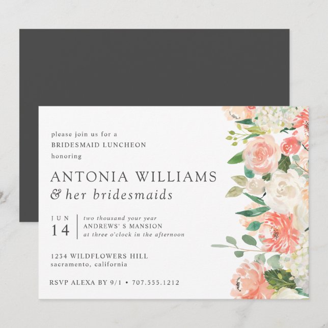 In Bloom Floral Pfirsich Pink Bridesmaid Luncheon Einladung (Vorne/Hinten)