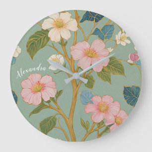 In Blossom: Pastelzweig mit rosa Blume Große Wanduhr