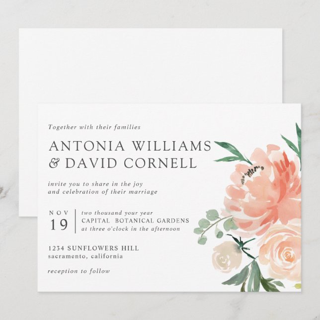 In Blüte | Chic Botanical Pink Floral weded Inv Einladung (Vorne/Hinten)