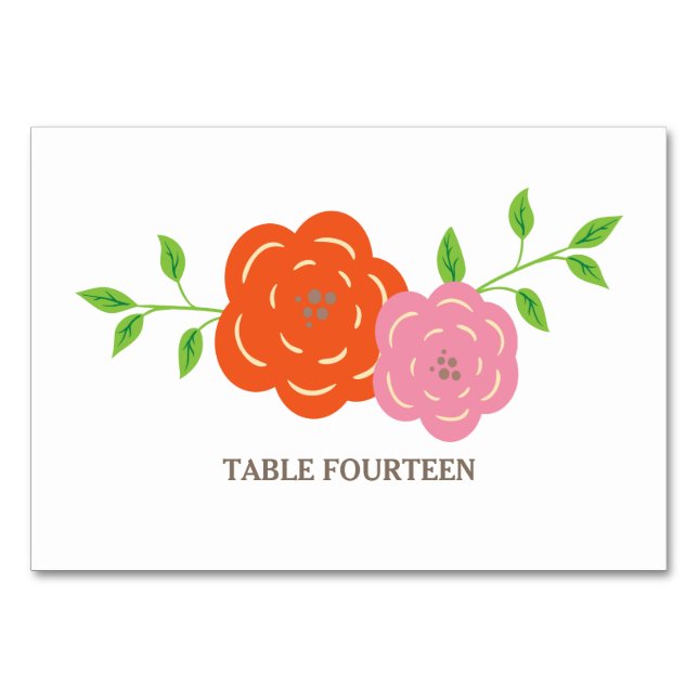 In Blütenorange Rosa Blumenkarte Tischnummer (Vorderseite)