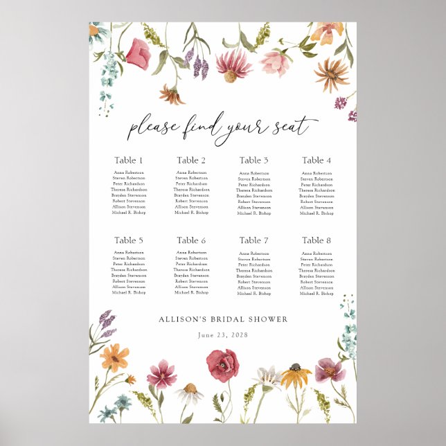 In Brautparty-Sitzplan der blauen Wildblume Poster (Vorne)