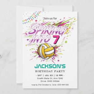 "In den 7. springen" Neon-Volleyball-Geburtstag Einladung