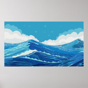 In den Ozean. Schöne große Meereswellen und Blau Poster
