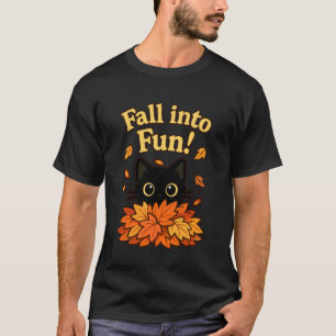 In den Spaß fallen schwarze Katze Herbstblätter sü T-Shirt