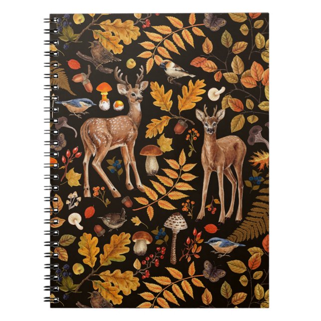 In den Wald/Herbst Hirsche auf schwarz Notizblock (Vorderseite)