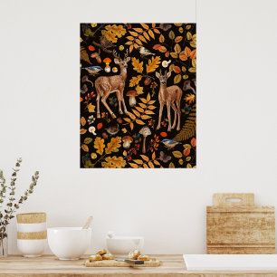 In den Wald/Herbst Hirsche auf schwarz Poster