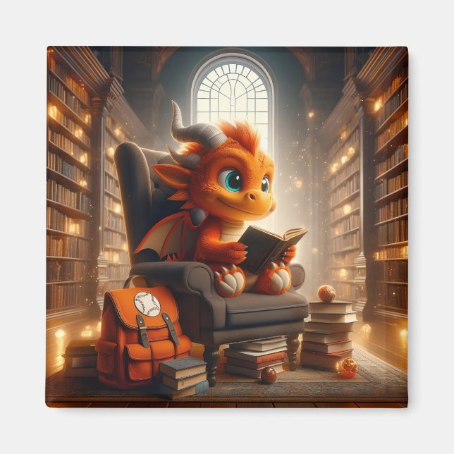In der Bibliothek - Orange Dragon Magnet (Vorne)