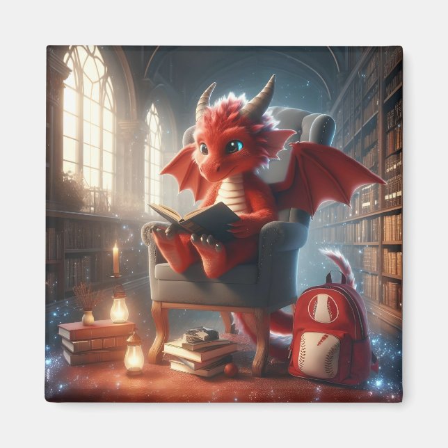 In der Bibliothek - Roter Drachenmagazin Magnet (Vorne)