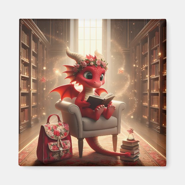 In der Bibliothek - Roter Drachenmagazin Magnet (Vorne)