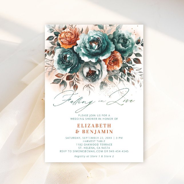 In der Liebe Brautparty für Hochzeiten Einladung (falling in love wedding shower invitation teal burnt orange terracotta floral elegant modern romance)