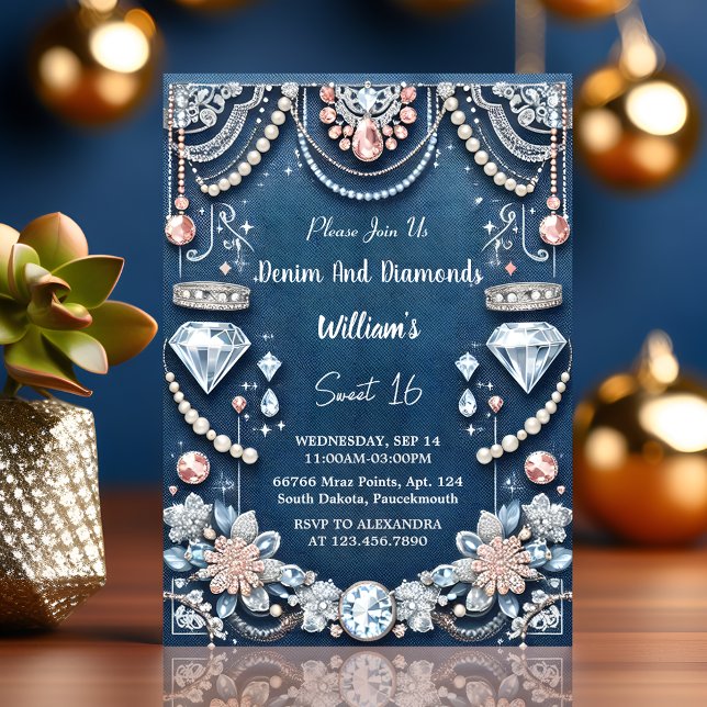 in elegantes Gem Bling Denim und Diamonds Sweet 16 Einladung (Von Creator hochgeladen)