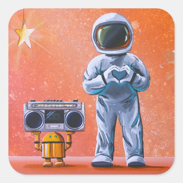 In Ihren Augen - Astronaut und Boombox-Roboter Quadratischer Aufkleber (Vorderseite)