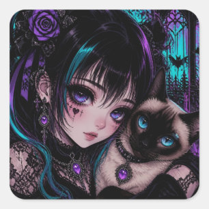 In Kontakt bleiben   Anime-Mädchen und Katze Quadratischer Aufkleber