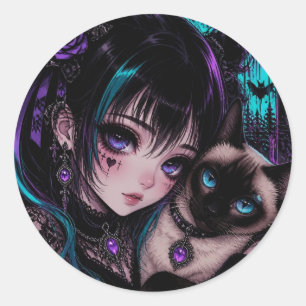 In Kontakt bleiben   Anime-Mädchen und Katze Runder Aufkleber