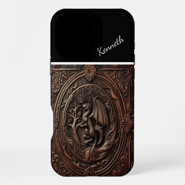 In Leder geschnitzter Drache iPhone 16 Pro Max Hülle (Rückseite)
