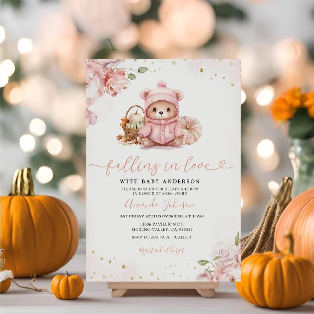 In Liebe fallen Pink Pumpkin Bear Baby Shower Einladung (Von Creator hochgeladen)