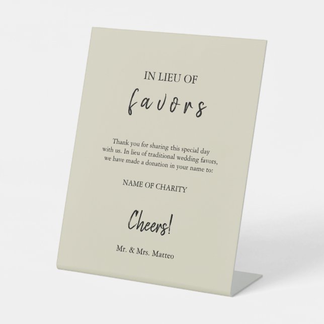 In Lieu favors Öko Friendly Wohltätigkeit Wedding  Sockelschild (Vorderseite)