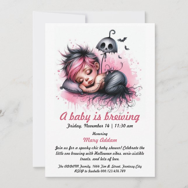 In Little Baby is Brewing Wird Pink Halloween Baby Einladung (Vorderseite)