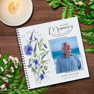 In Love Memory Blue Floral Begräbnis Gästebuch Notizbuch