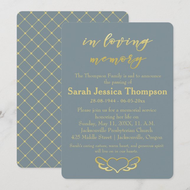 In Love Memory - Blue & Gold Memorial Service Einladung (Vorne/Hinten)