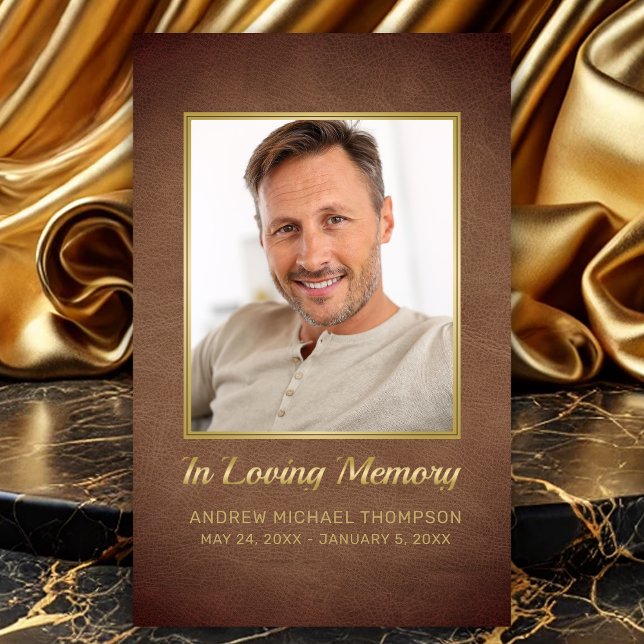 In Love Memory Brown Gold Foto Begräbniskarte Visitenkarte (In Loving Memory Faux Brown Leather Photo Funeral Card with Poem for men)