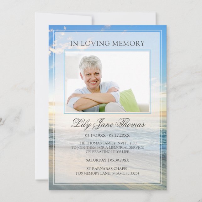 In Love Memory Elegant Beach Foto Beerdigung Einladung (Vorderseite)
