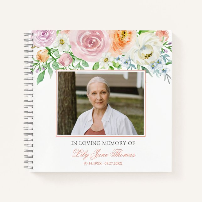 In Love Memory Elegante Peach Rose Beerdigung Notizbuch (Vorderseite)