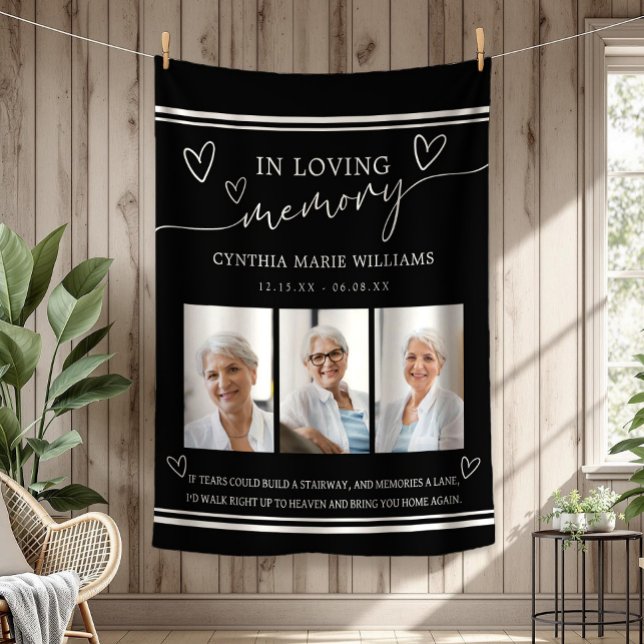 In Love Memory Foto Collage Black Fleecedecke (In Loving Memory 3 Photo Collage Black and White Fleece Blanket)