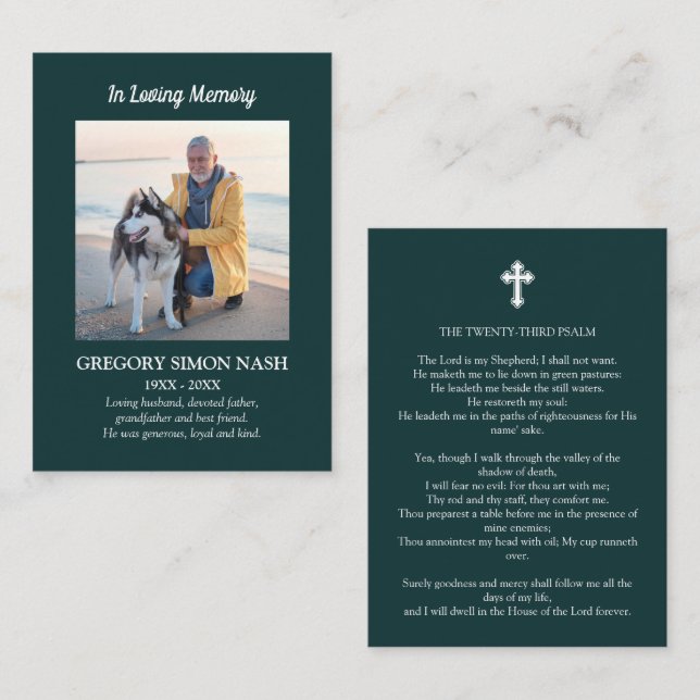 In Love Memory Foto Green Funeral Card Visitenkarte (Vorne/Hinten)