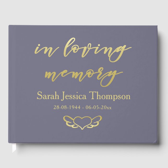 In Love Memory Lila & Gold Book of Condolence Gästebuch (Vorderseite)
