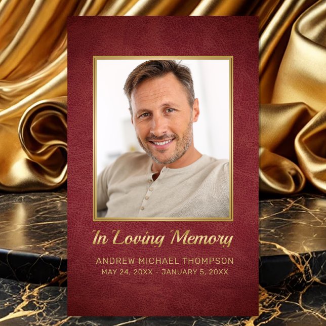 In Love Memory Maroon Gold Foto Beerdigungskarte Visitenkarte (Sympathy In Loving Memory Red Faux Leather Photo Funeral Card with personalized Poem or Prayer)