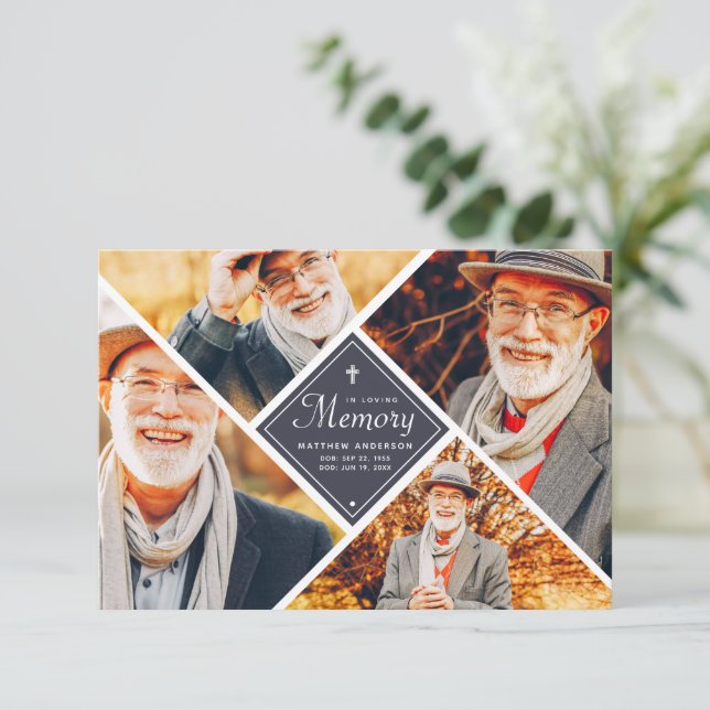 In Love Memory Modern Cross Multi Foto Dankeskarte (Stehend Vorderseite)