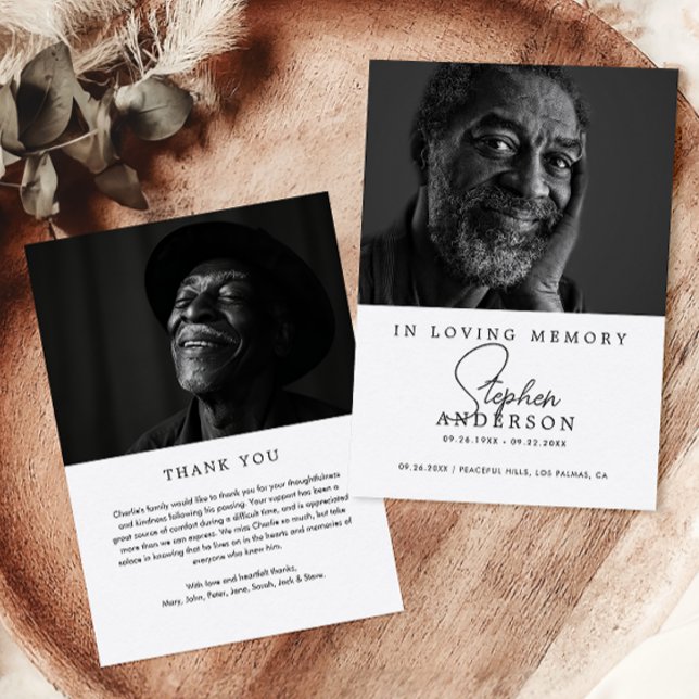 In Love Memory Moderne Minimalistische 2-Foto Beer Dankeskarte (Von Creator hochgeladen)