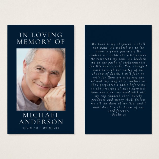 In Love Memory Navy Blue Memorial Prayer Card (Vorne & Hinten)