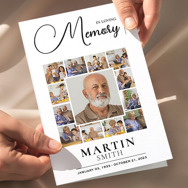 In Love Memory Obituary Foto Collage Beerdigung Flyer (funeral program booklet mockup with hands, elegant memorial design on soft fabric background)