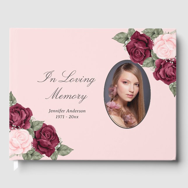 In Love Memory Rosa Blumenbeerdigung Foto Gästebuch (Vorderseite)